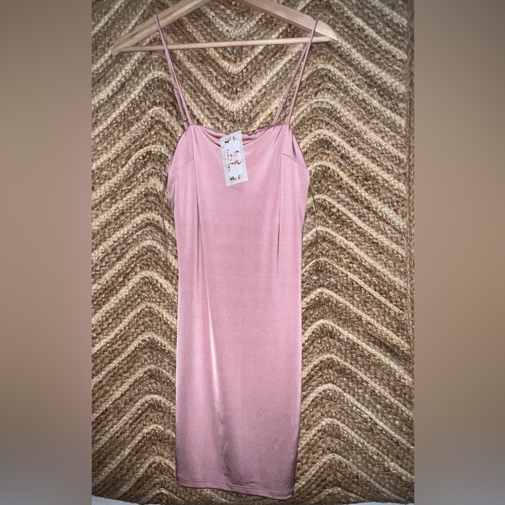 Active USA Women's Pink Satin Mini Dress, Spaghetti Straps, Size L, NWT